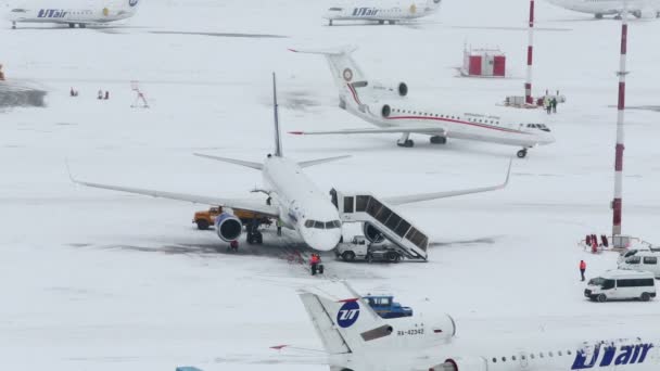 Letadla na zasněženém letišti na letišti vnukovo — Stock video