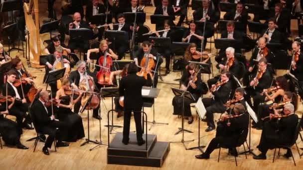 Direttore d'orchestra e musicisti nella sala concerti Tchaikovsky . — Video Stock