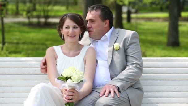 Beautiful bride and groom in park — Stock Video