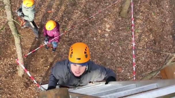 Мальчик взбирается по веревочной лестнице на дерево — стоковое видео