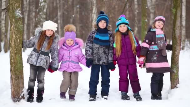 Cinco niños tambaleándose en el parque de invierno — Vídeo de stock