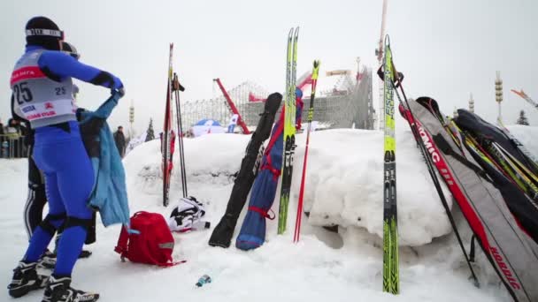 两名运动员在滑雪比赛后讨论 — 图库视频影像