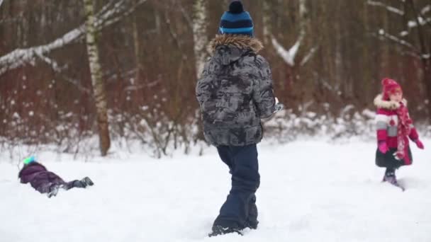 Little boy throwing snowball to girls — Stock Video