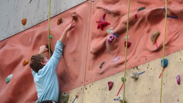 Boy-beginner on rock-climbing wall — Stock Video