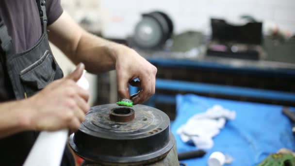 Mechanic lubricates bearing — Stock Video