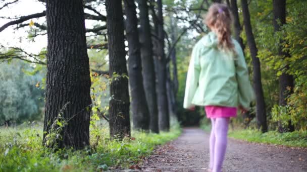 Linda niña caminar en el bosque — Vídeo de stock