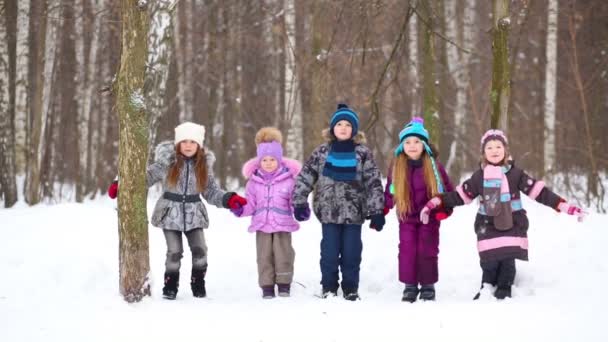 Cinco crianças saltam no parque de inverno — Vídeo de Stock