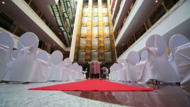 Kız salonda gül yaprakları scatters