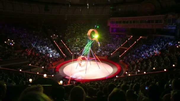 Выступление эквилибристов на арене циркового зала — стоковое видео