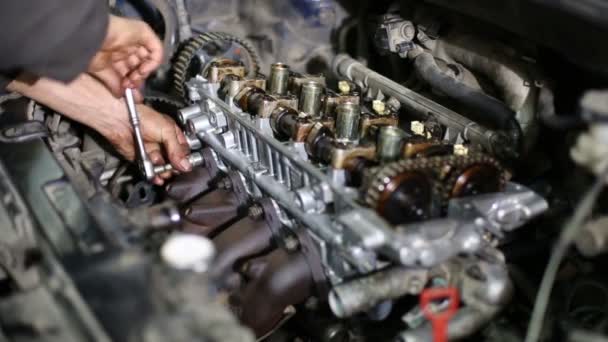 Auto-mechanic repairing car engine — Stock Video