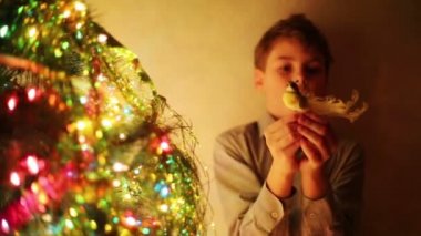 Yakışıklı çocuk Noel ağacı süsle