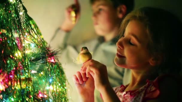 Niño y niña decorar árbol de Navidad — Vídeo de stock