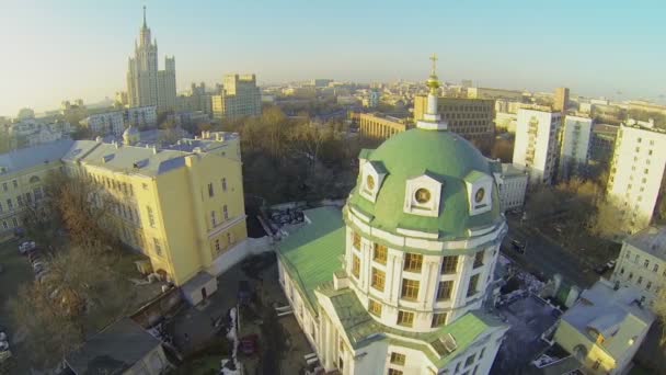 Cityscape with church of St. Simeon and skyscraper — Stock Video