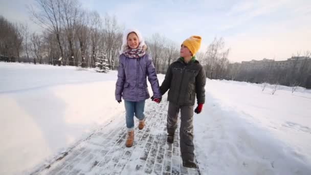 Broer en zus lopen en praten — Stockvideo