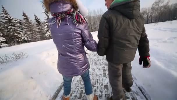 Hermano y hermana caminando por el sendero — Vídeo de stock