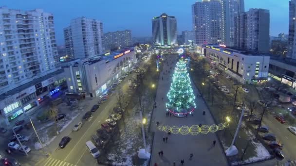 Coches paseo por la calle y árbol de Navidad — Vídeo de stock