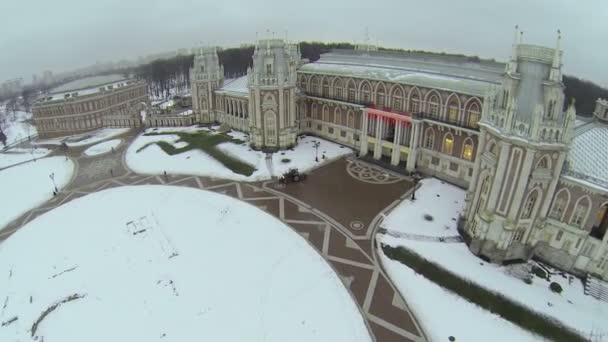 Тракторы убирают снег возле дворца Екатерины — стоковое видео