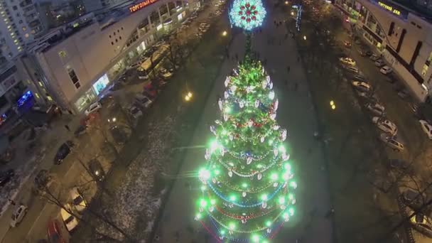 Christmas tree on boulevard with people — Stock Video