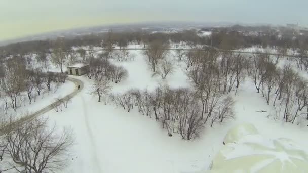 Невеликий павільйон у парку, вкритий снігом — стокове відео