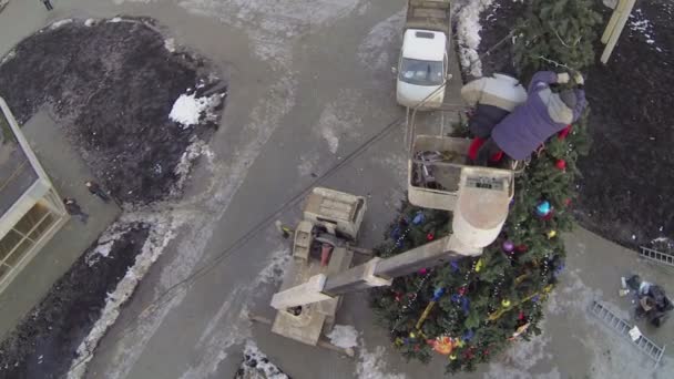 Los hombres en cabina adornan el árbol de Navidad — Vídeos de Stock