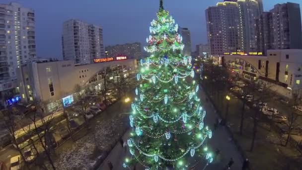 Árbol de Navidad en el bulevar con la gente — Vídeos de Stock