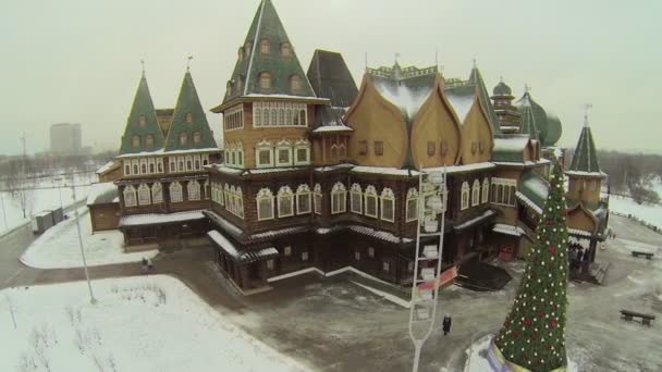 木製の宮殿の近くのクリスマス ツリー — ストック動画