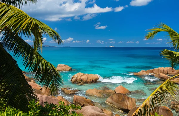 Schöne felsige Küste auf den Seychellen — Stockfoto