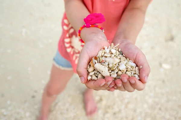 Chica sosteniendo conchas marinas — Foto de Stock