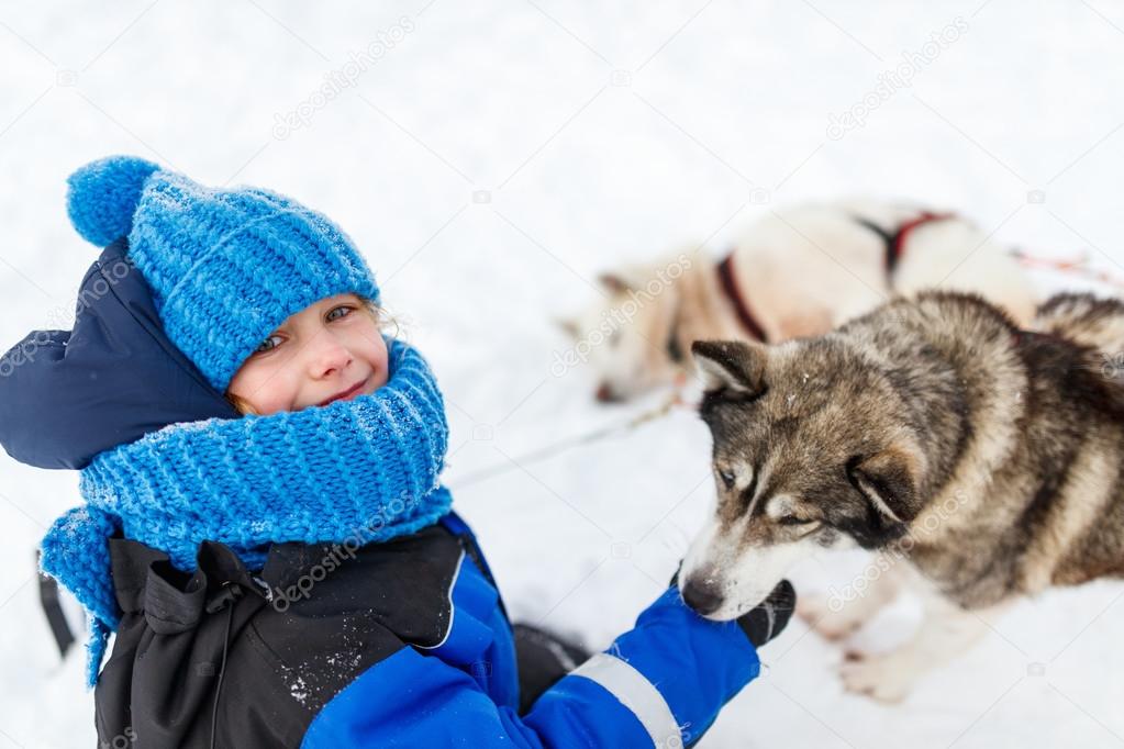 Little girl with husky dog