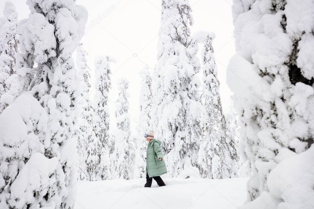 Young woman walking in winter forest among snow covered trees in Lapland Finland