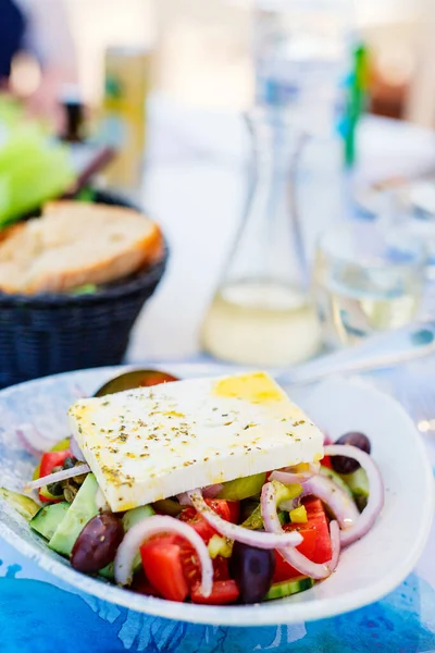 Delicious Greek Salad Fresh Vegetables Greek Goat Feta Cheese Served — Stock Photo, Image