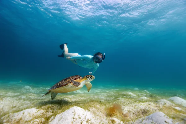 Молодая девушка ныряет с трубкой с морской черепахой — стоковое фото