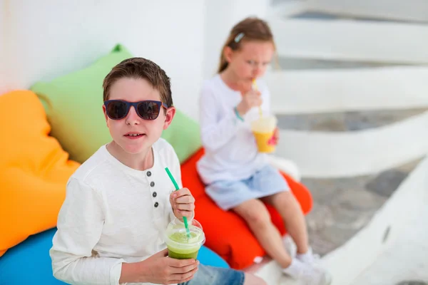 Deux enfants boivent des smoothies à l'extérieur — Photo