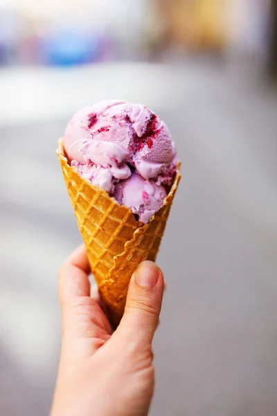 Himbeersorbet im frischen Waffelkegel — Stockfoto