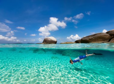 Little boy snorkeling in tropical water clipart