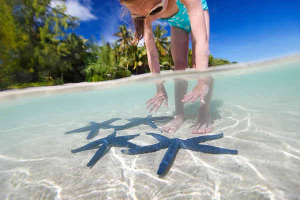 Little girl playing with starfish — Stock Photo, Image