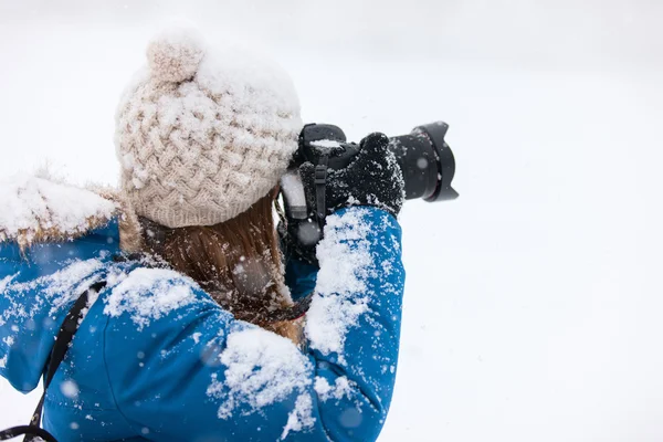 Portrait of beautiful woman with camera — Stock Photo, Image