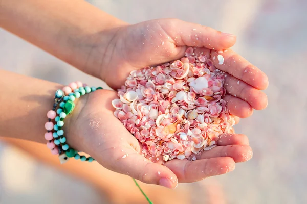 Meisje bedrijf roze schelpen — Stockfoto