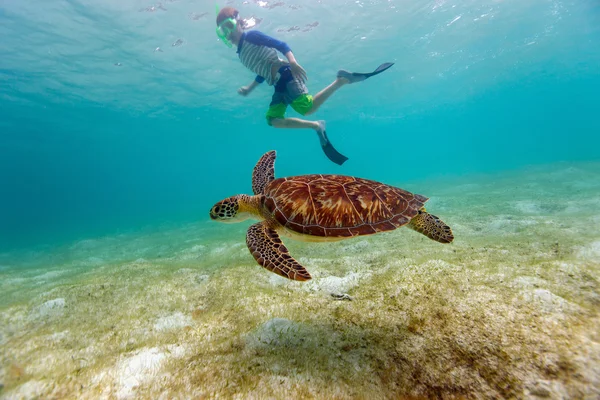 Garçon plongée avec tuba tortue de mer — Photo