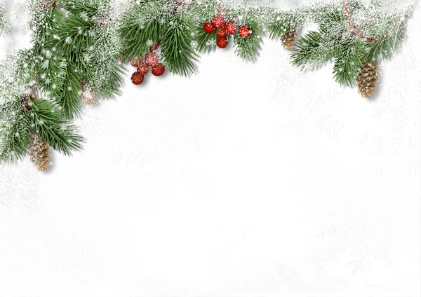 Kerstversiering Witte Achtergrond Border Met Sparren Hulst — Stockfoto