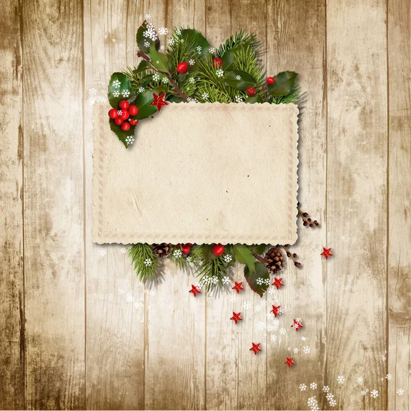 Weihnachtskarte Mit Stechpalme Tannenbaum Und Grunge Postkarte Grußkarte Mit Kopierplatz — Stockfoto