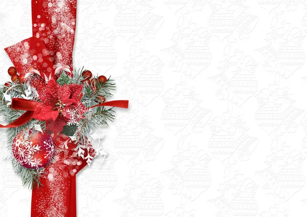 Καλά Χριστούγεννα Και Ευτυχισμένο Νέο Έτος Κάρτα Poinsettia Χιονισμένο Έλατο — Φωτογραφία Αρχείου