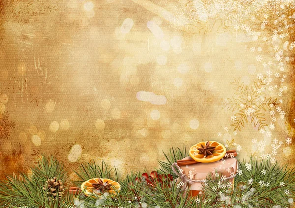 Vintage Hintergrund Mit Kandierten Orangen Zimt Tannenzweigen Und Weihnachtsgeschenk Saisongrüße — Stockfoto