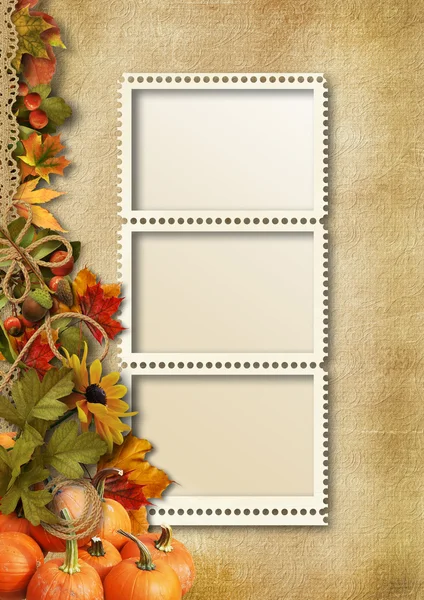 Autumn leaves,pumpkins and photo-frame — Stock Photo, Image