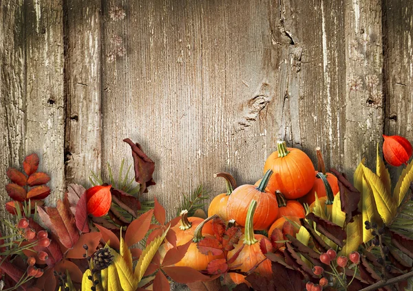 Fondo con hojas de otoño y calabazas — Foto de Stock