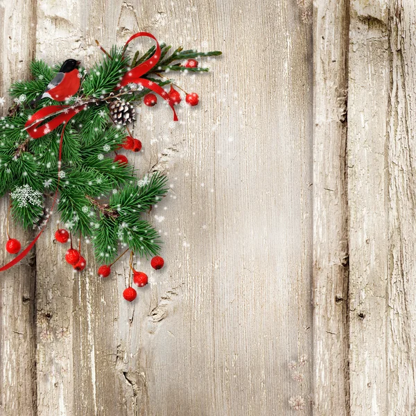 Christmas vintage wooden background with fir branches, bullfinch — Stock Photo, Image