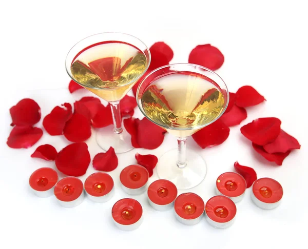 Red Rose Petals Glasses Wine — Stock Photo, Image