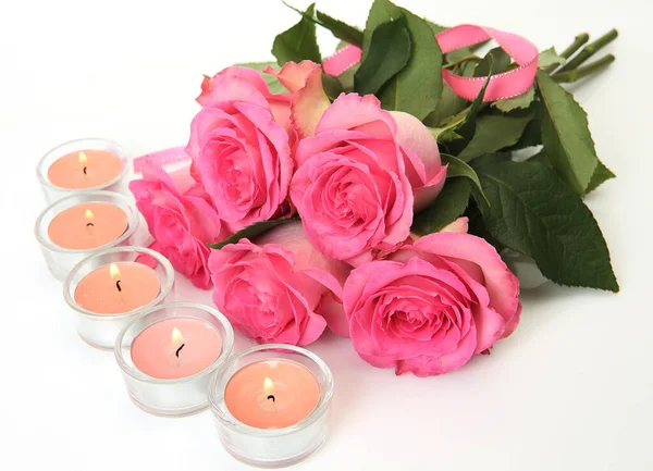 Pink Rose White Background Burning Candles — Stock Photo, Image