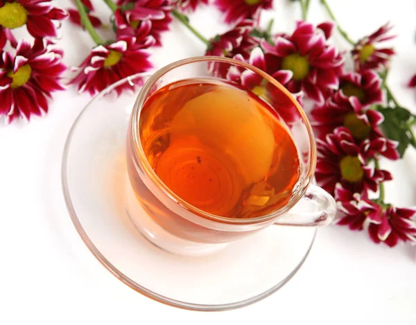 一杯白底茶和菊花 — 图库照片