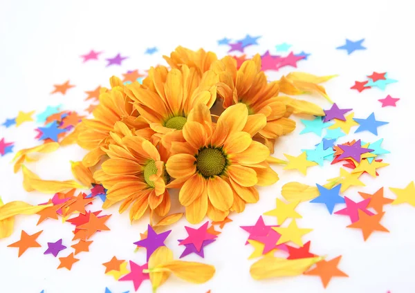 星空色のコンフェッティと黄色の菊 — ストック写真